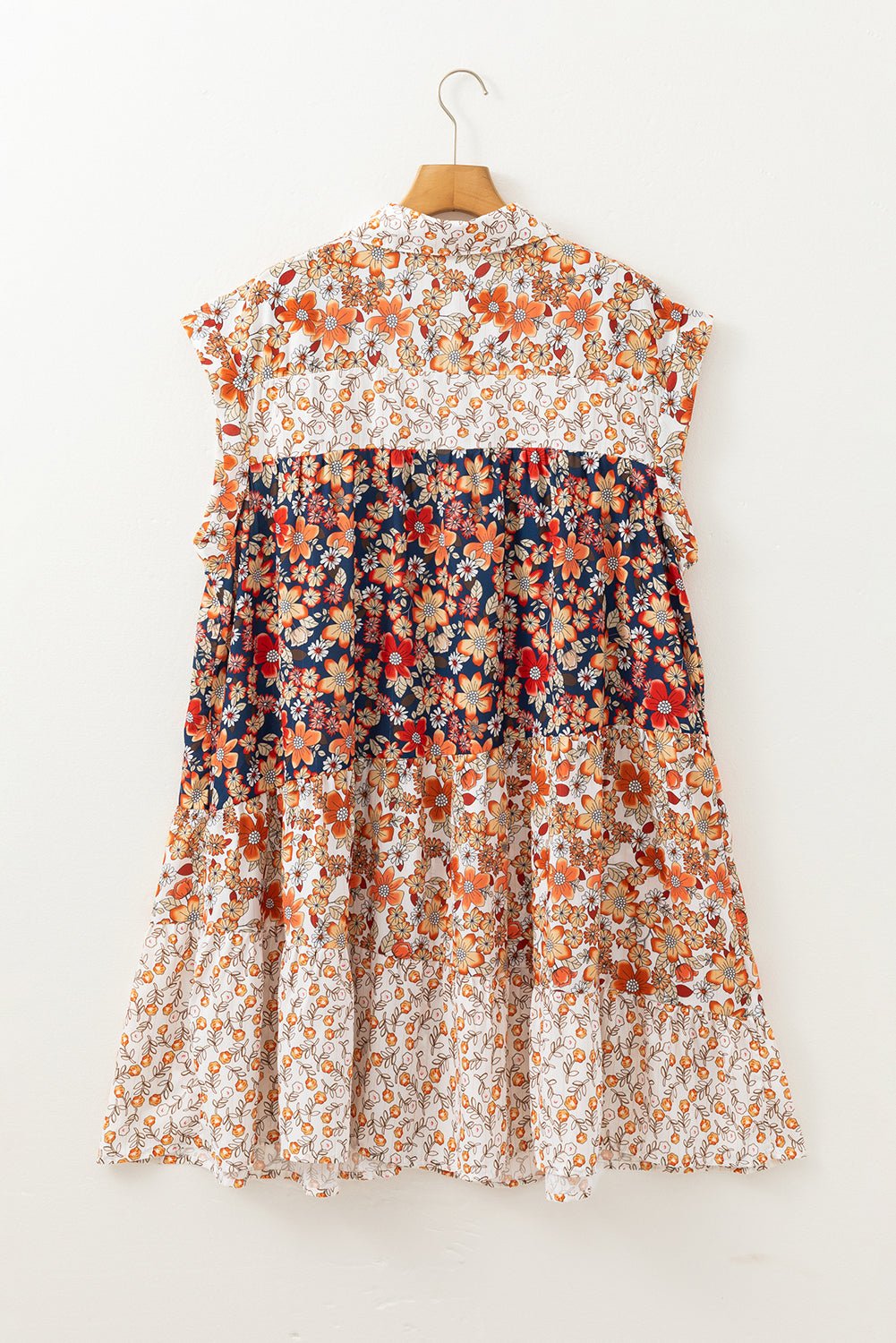 Beige Allover Floral Patchwork Plus Size Collared Mini Dress - MAD RUFFI