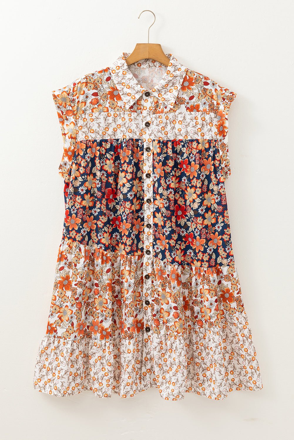 Beige Allover Floral Patchwork Plus Size Collared Mini Dress - MAD RUFFI