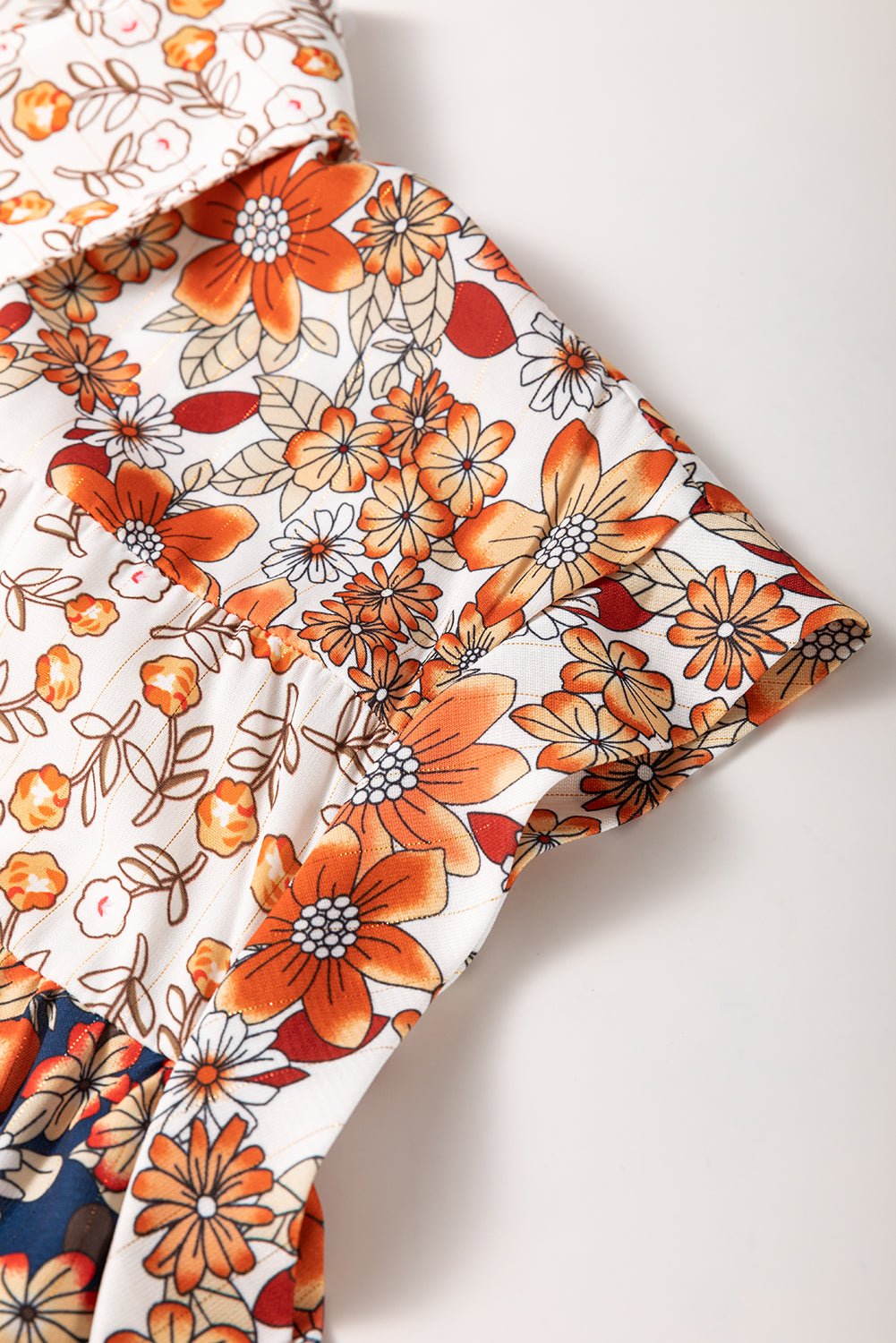 Beige Allover Floral Patchwork Plus Size Collared Mini Dress - MAD RUFFI