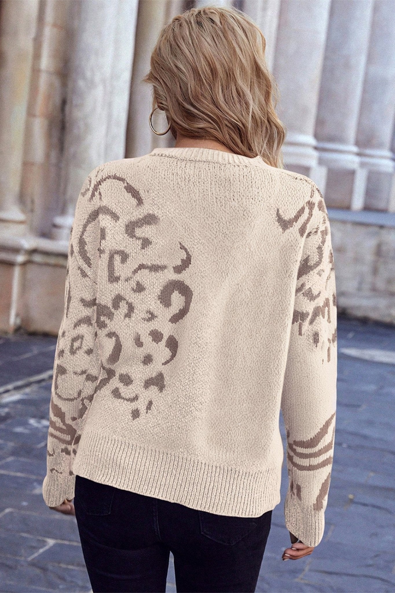 Beige Asymmetric Leopard Print Detail Drop Shoulder Sweater - MAD RUFFI