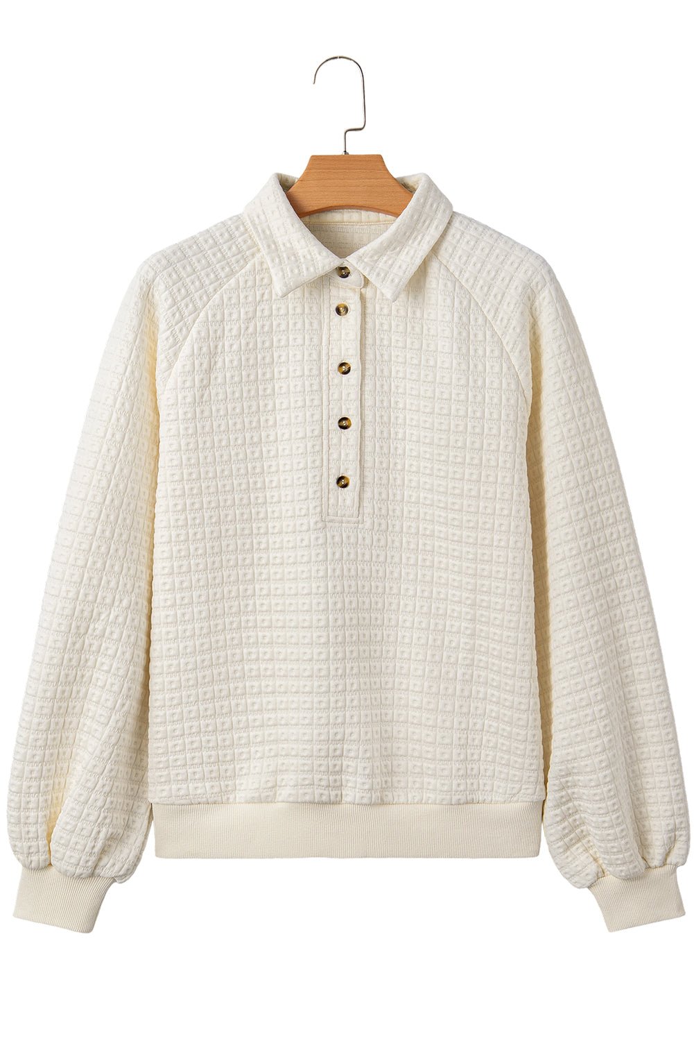 Beige Balloon Sleeve Casual Collared Button Sweatshirt - MAD RUFFI