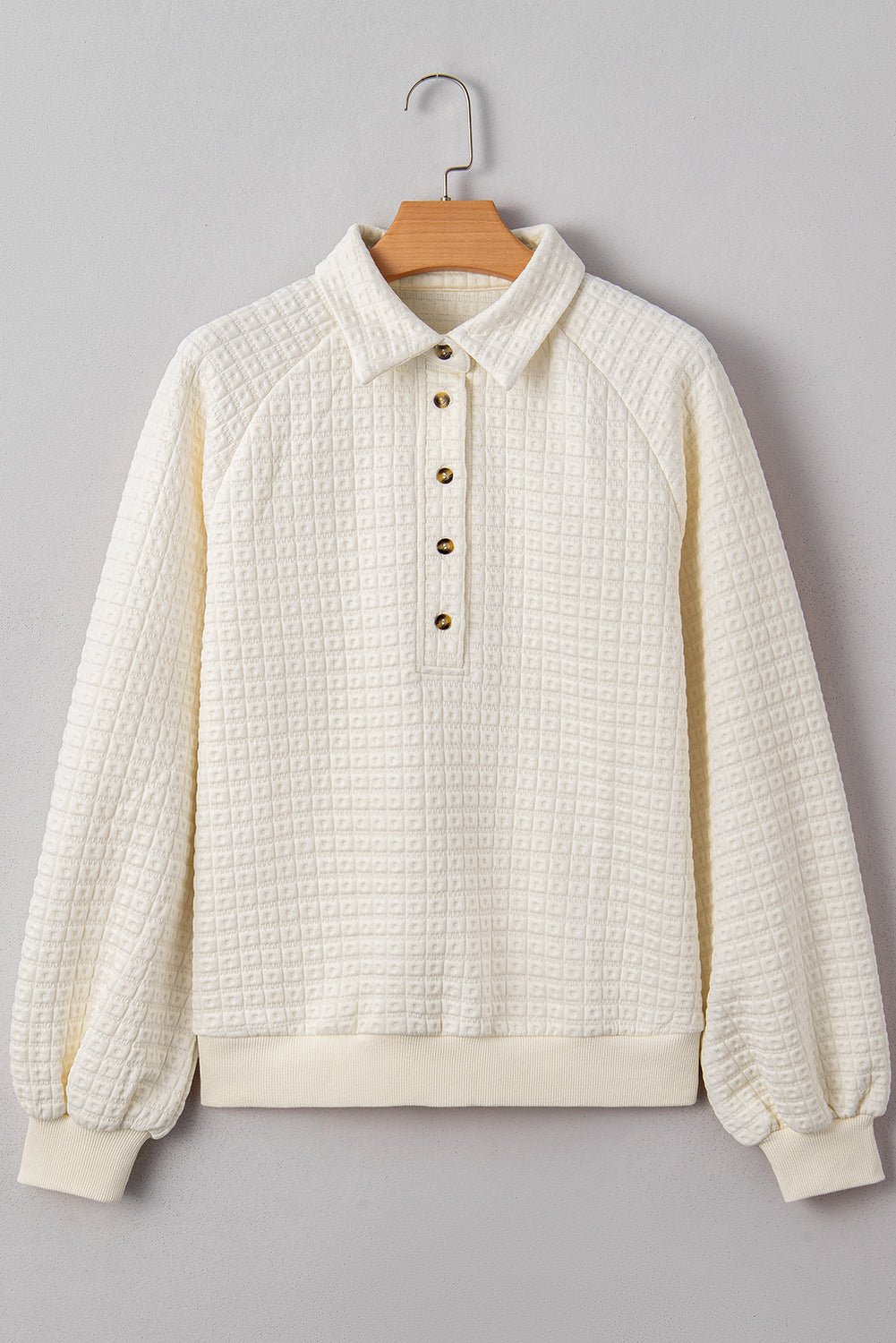 Beige Balloon Sleeve Casual Collared Button Sweatshirt - MAD RUFFI