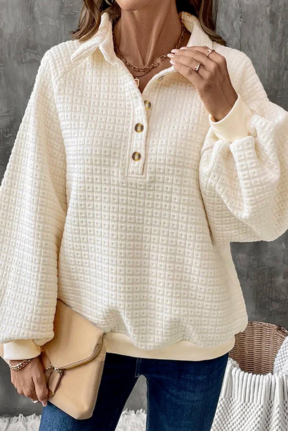 Beige Balloon Sleeve Casual Collared Button Sweatshirt - MAD RUFFI