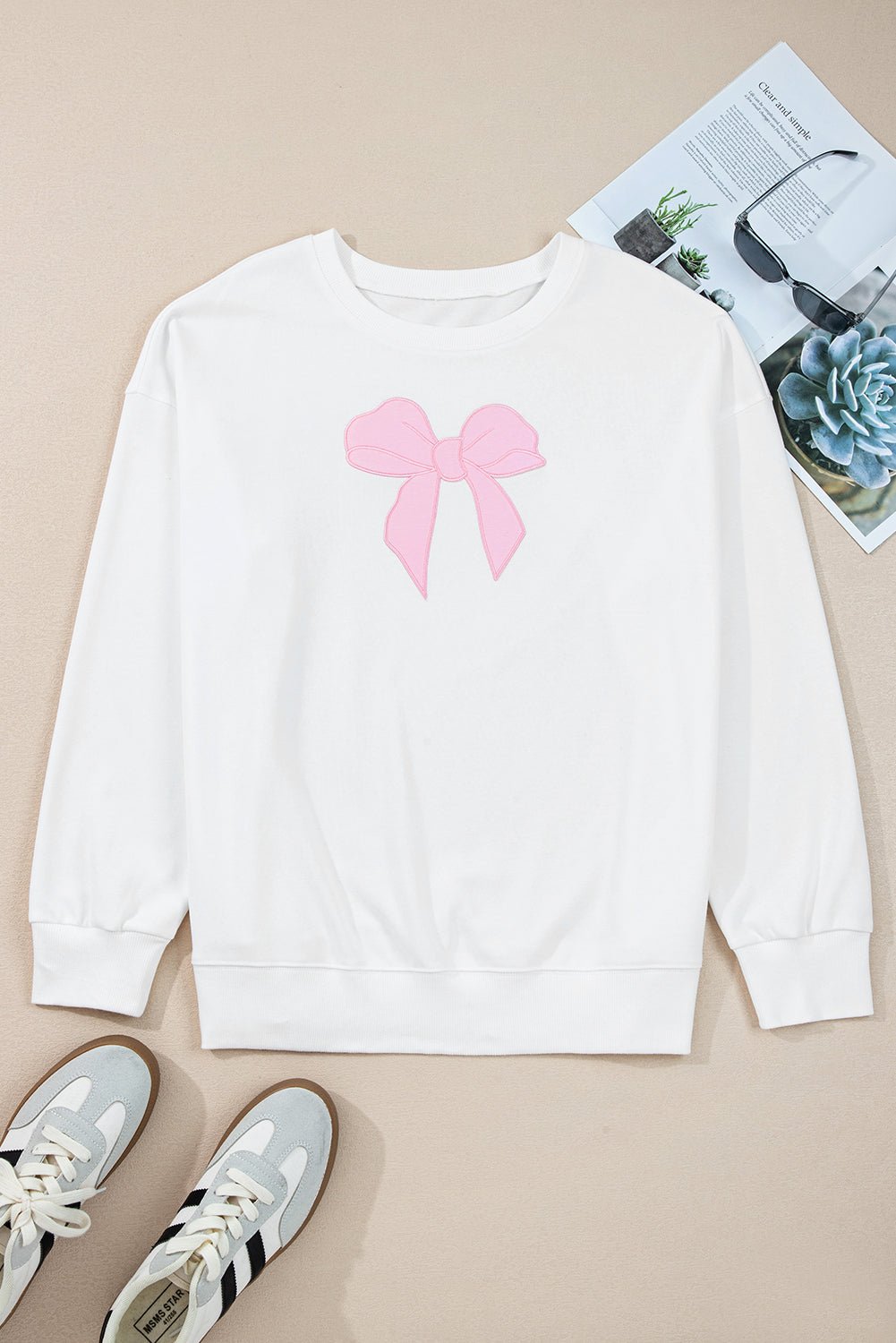 Beige Big Bow Pattern Plus Size Drop Shoulder Sweatshirt - MAD RUFFI
