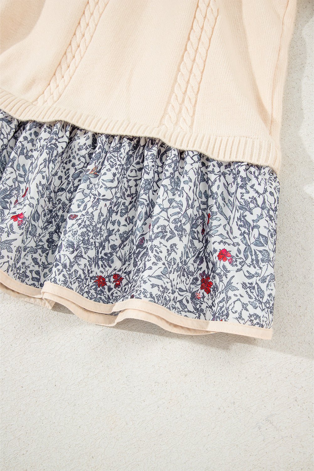 Beige Bohemian Floral Ruffle Hem Patchwork Knit Sweater - MAD RUFFI