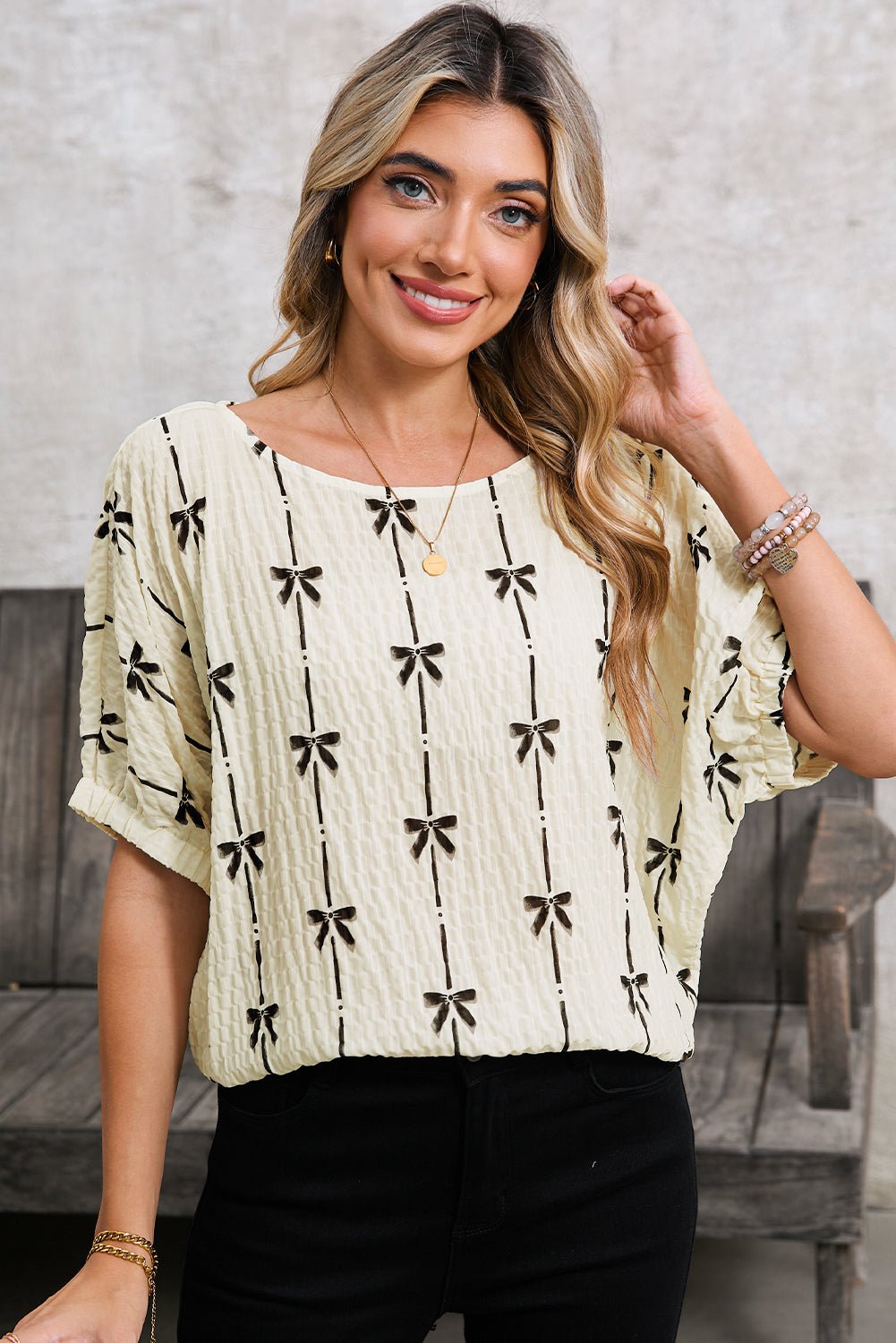 Beige Bow Print Striped Puff Short Sleeve Blouse - MAD RUFFI