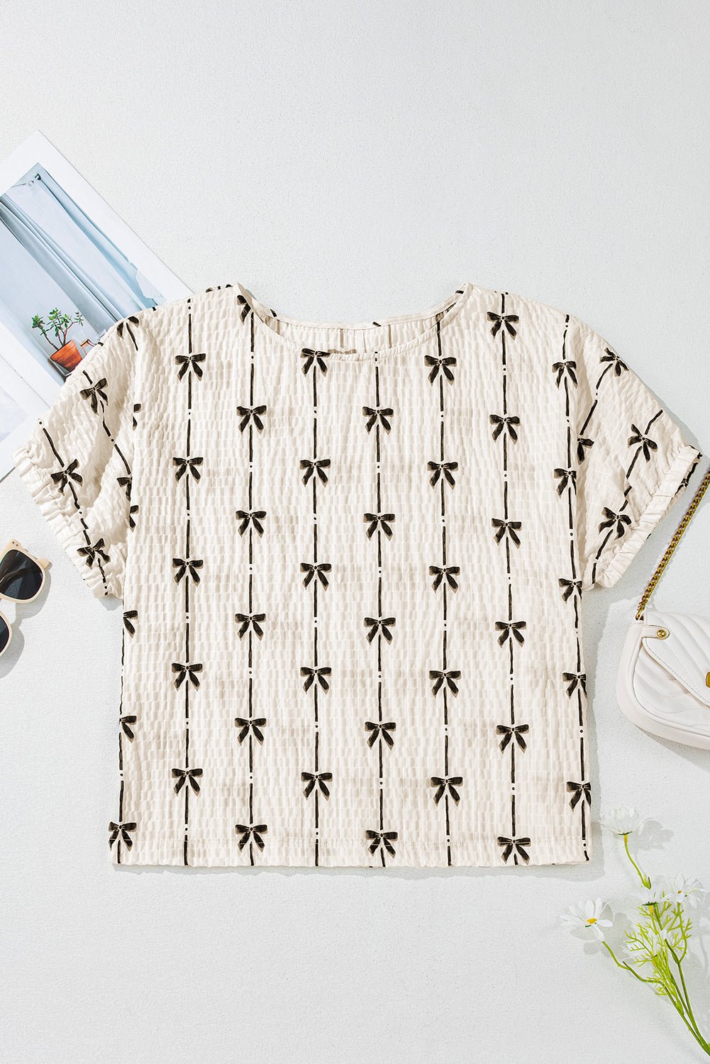 Beige Bow Print Striped Puff Short Sleeve Blouse - MAD RUFFI