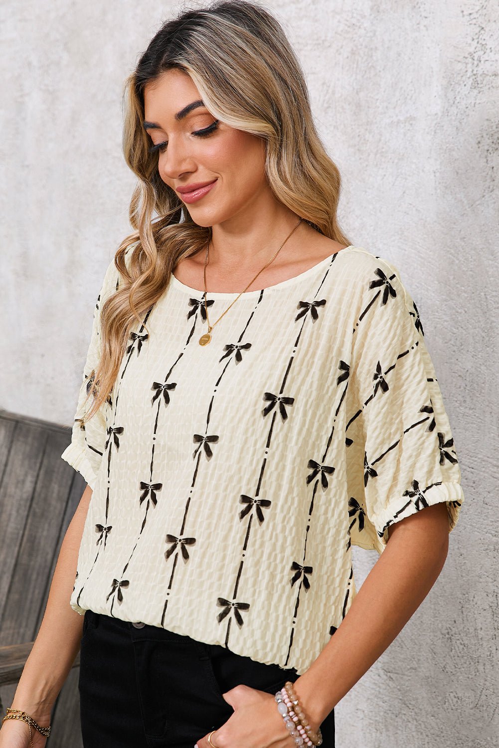 Beige Bow Print Striped Puff Short Sleeve Blouse - MAD RUFFI