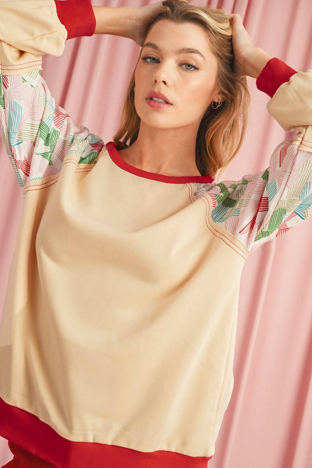 Beige Bowknot Print Patchwork Raglan Sleeve Top - MAD RUFFI