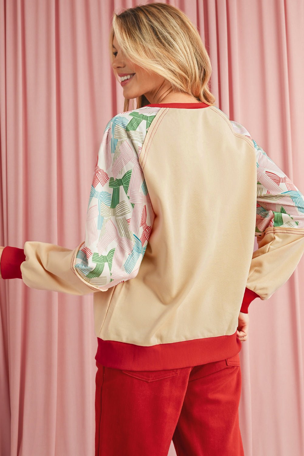 Beige Bowknot Print Patchwork Raglan Sleeve Top - MAD RUFFI