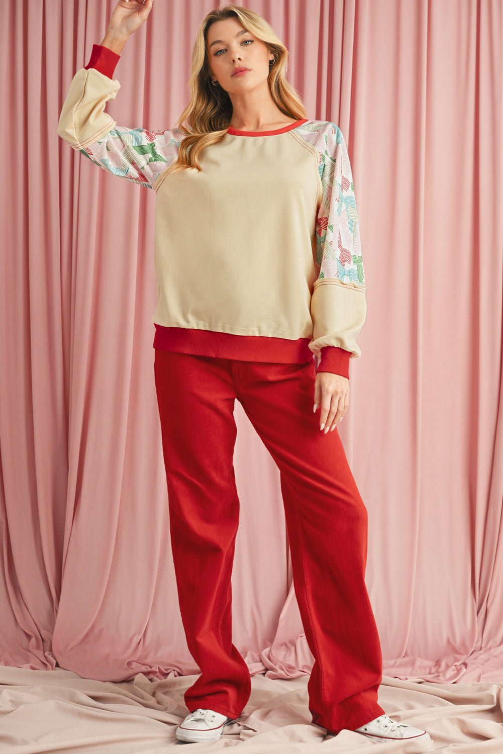 Beige Bowknot Print Patchwork Raglan Sleeve Top - MAD RUFFI