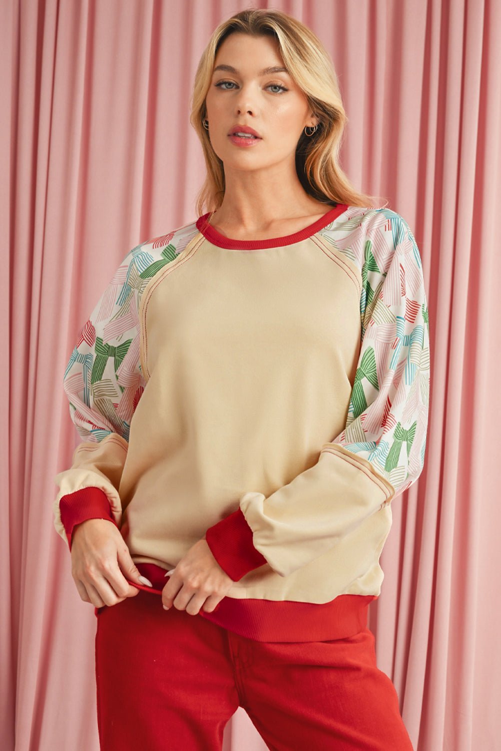 Beige Bowknot Print Patchwork Raglan Sleeve Top - MAD RUFFI
