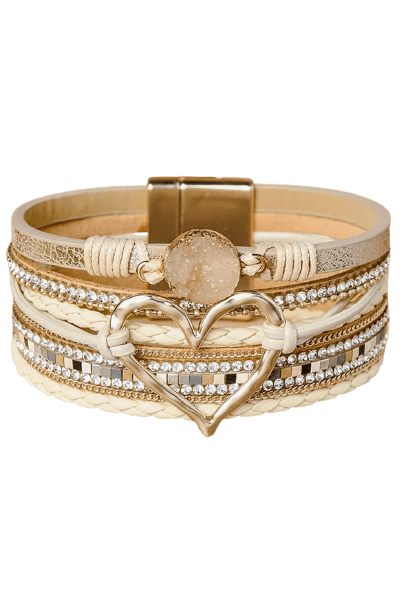 Beige Braided Heart Rhinestone Magnetic Buckle Multi Layered Bracelet - MAD RUFFI