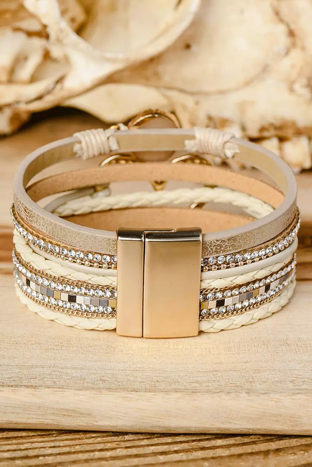 Beige Braided Heart Rhinestone Magnetic Buckle Multi Layered Bracelet - MAD RUFFI