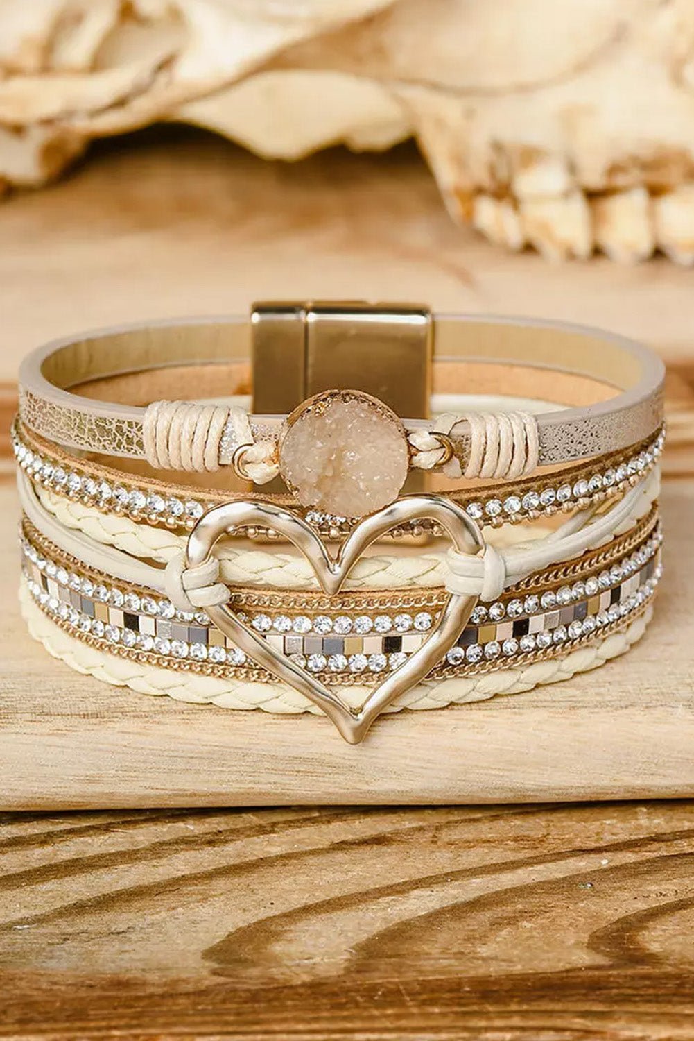 Beige Braided Heart Rhinestone Magnetic Buckle Multi Layered Bracelet - MAD RUFFI