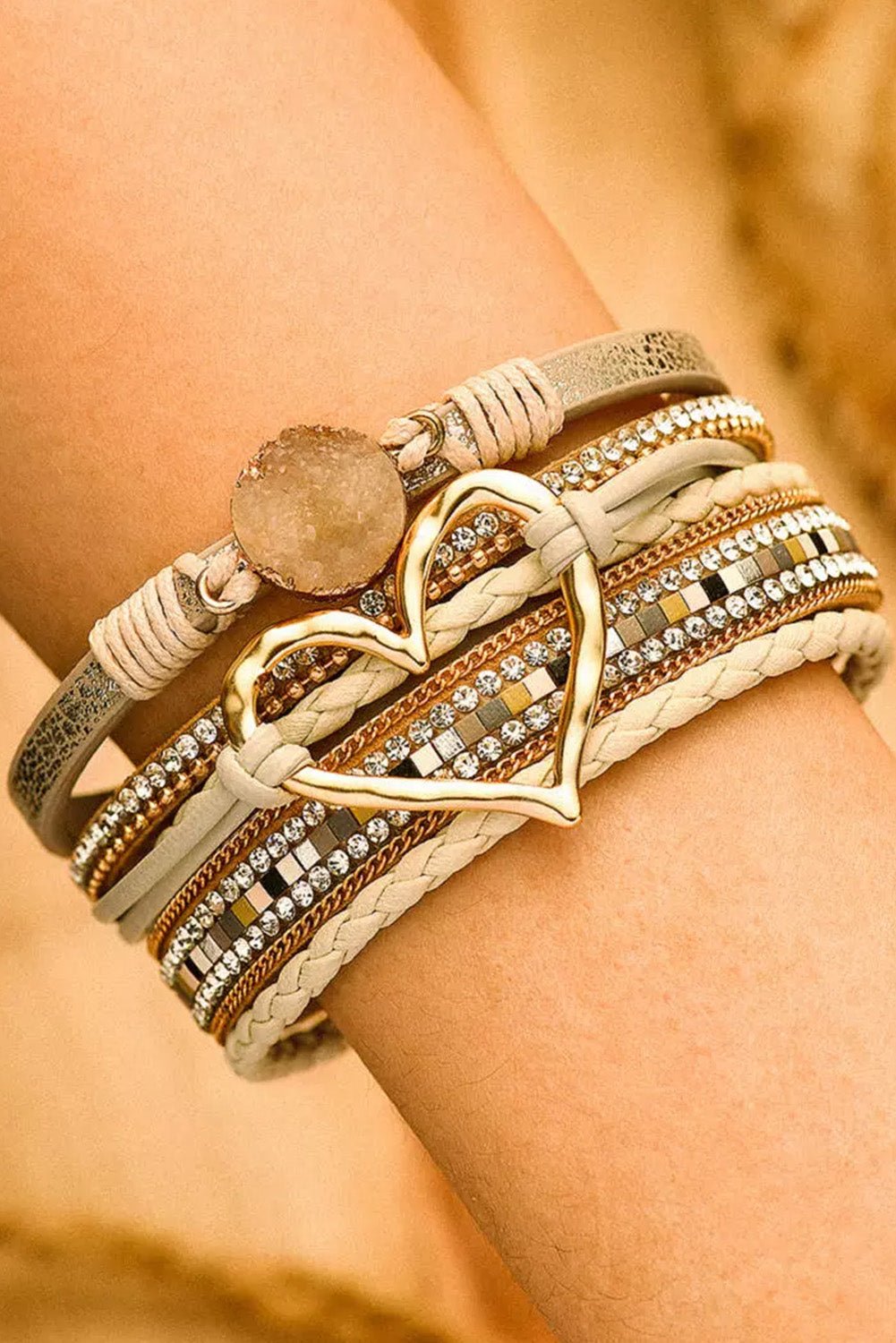 Beige Braided Heart Rhinestone Magnetic Buckle Multi Layered Bracelet - MAD RUFFI