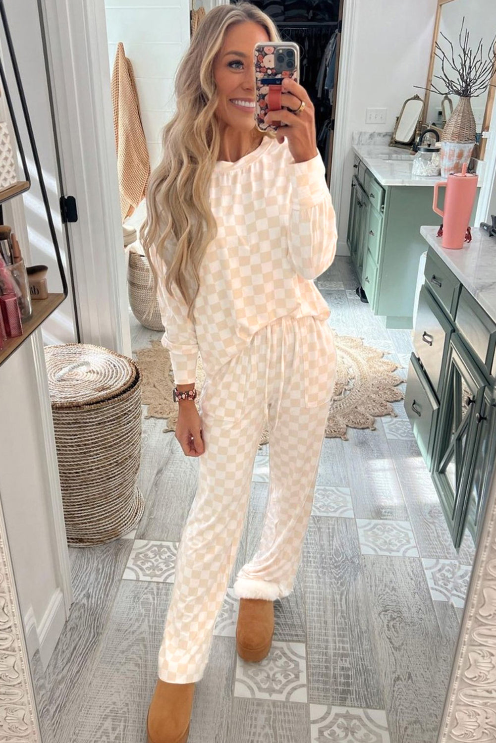 Beige Checkered Print Long Sleeve Loose Fit Pajama Set - MAD RUFFI