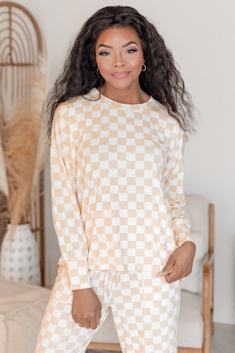 Beige Checkered Print Long Sleeve Loose Fit Pajama Set - MAD RUFFI