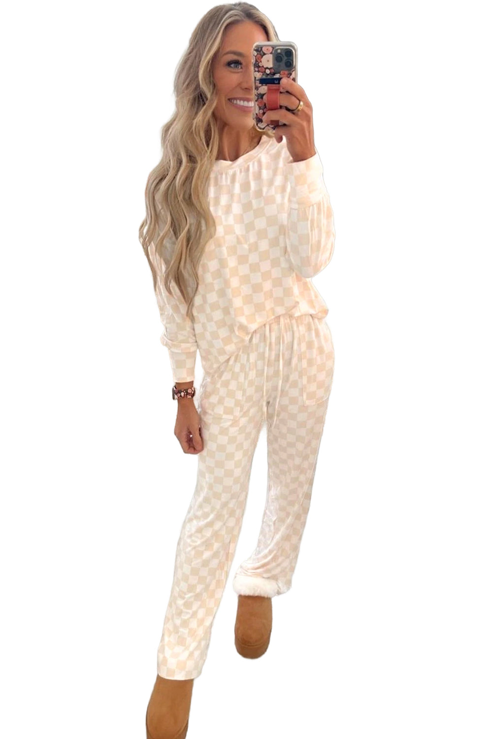 Beige Checkered Print Long Sleeve Loose Fit Pajama Set - MAD RUFFI