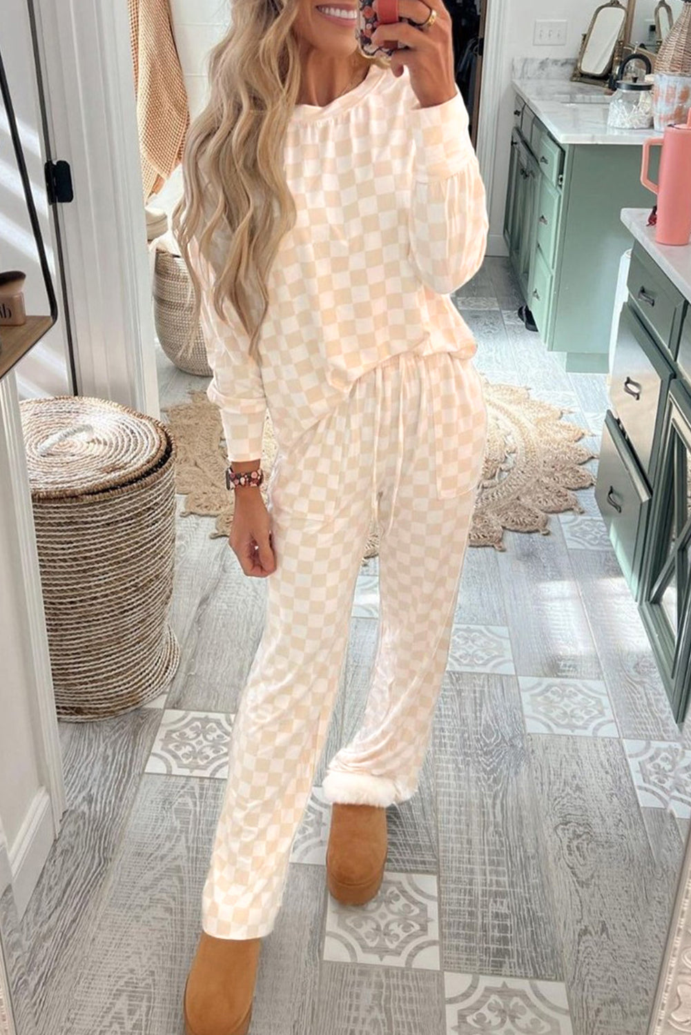 Beige Checkered Print Long Sleeve Loose Fit Pajama Set - MAD RUFFI