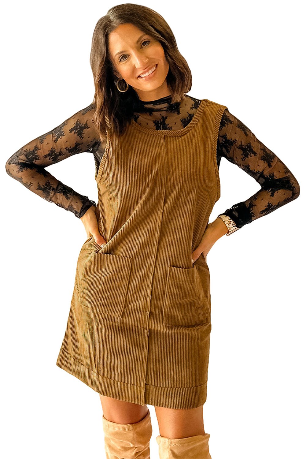 Beige Corduroy Exposed Seam Sleeveless Mini Dress - MAD RUFFI