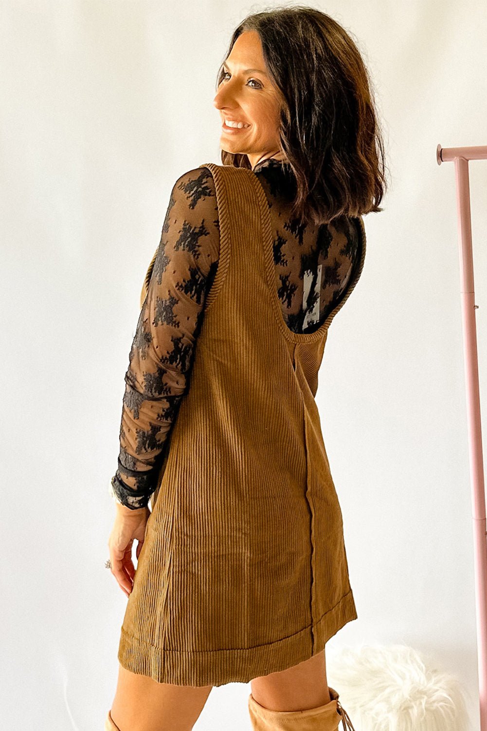 Beige Corduroy Exposed Seam Sleeveless Mini Dress - MAD RUFFI