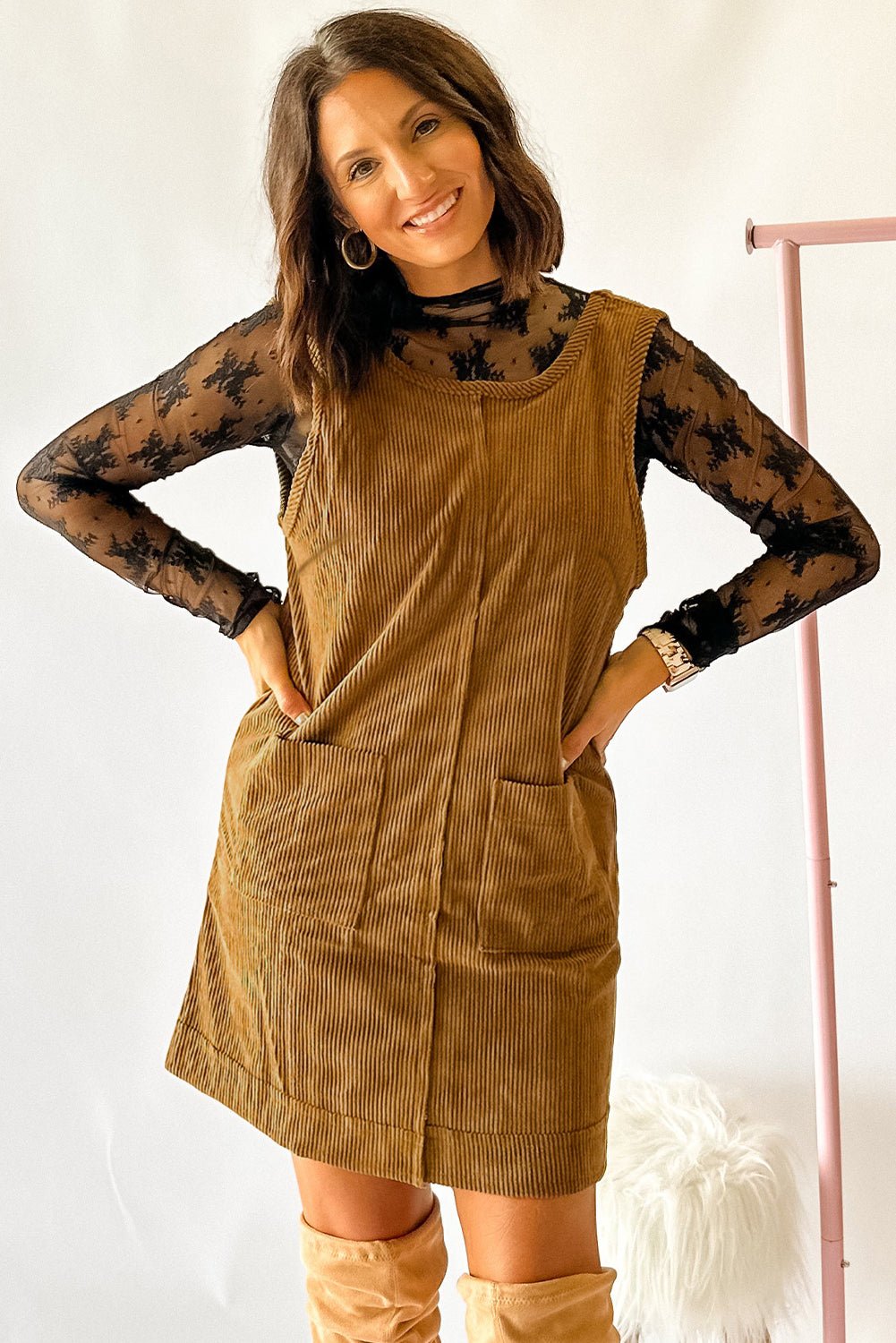 Beige Corduroy Exposed Seam Sleeveless Mini Dress - MAD RUFFI