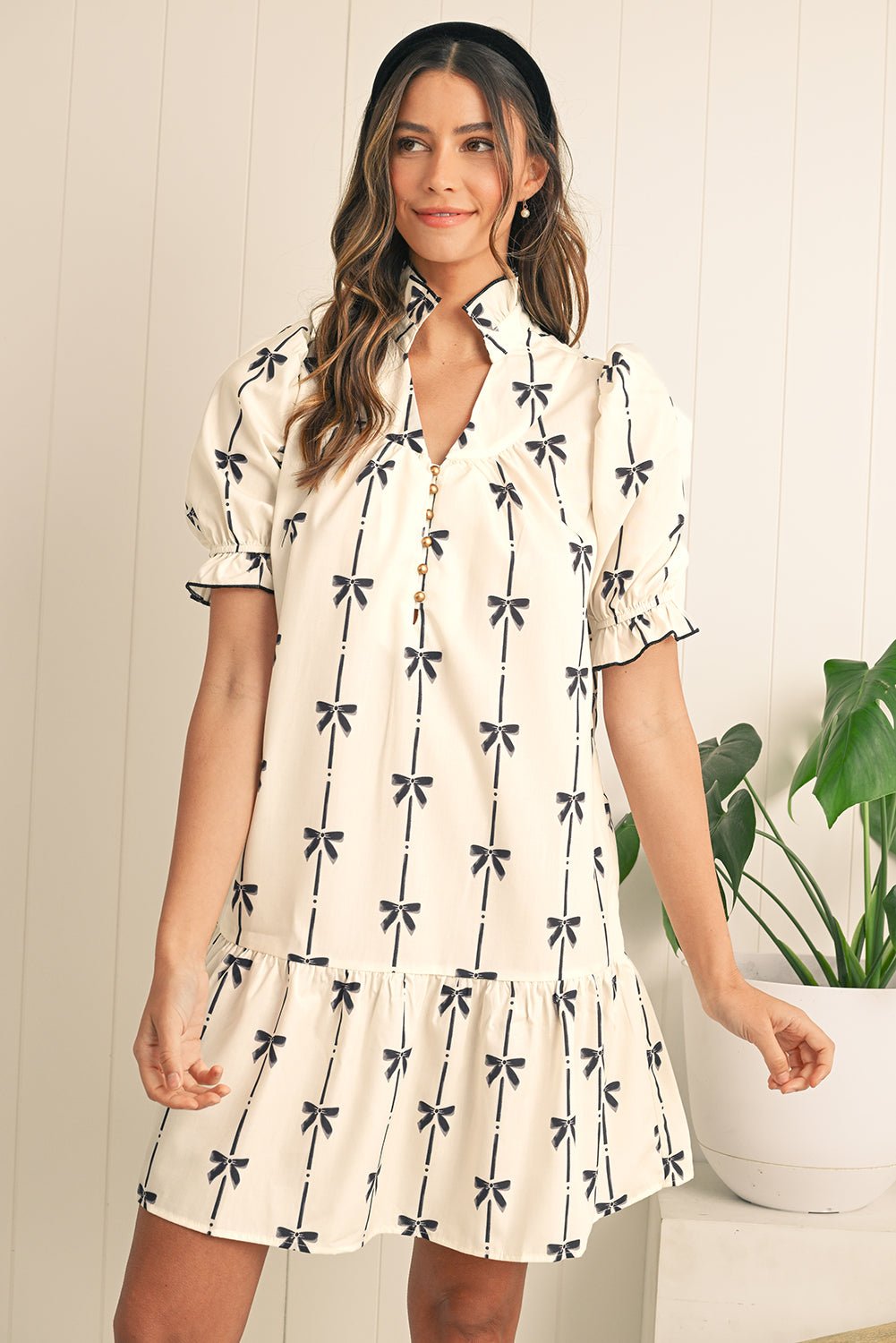 Beige Cute Bowknot Printed Bubble Sleeve V Neck Mini Dress - MAD RUFFI