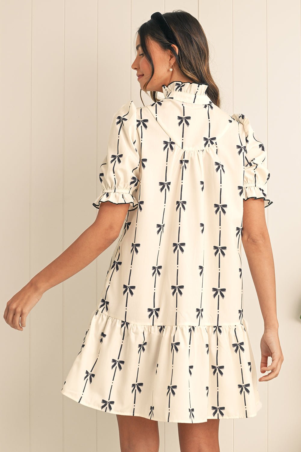 Beige Cute Bowknot Printed Bubble Sleeve V Neck Mini Dress - MAD RUFFI