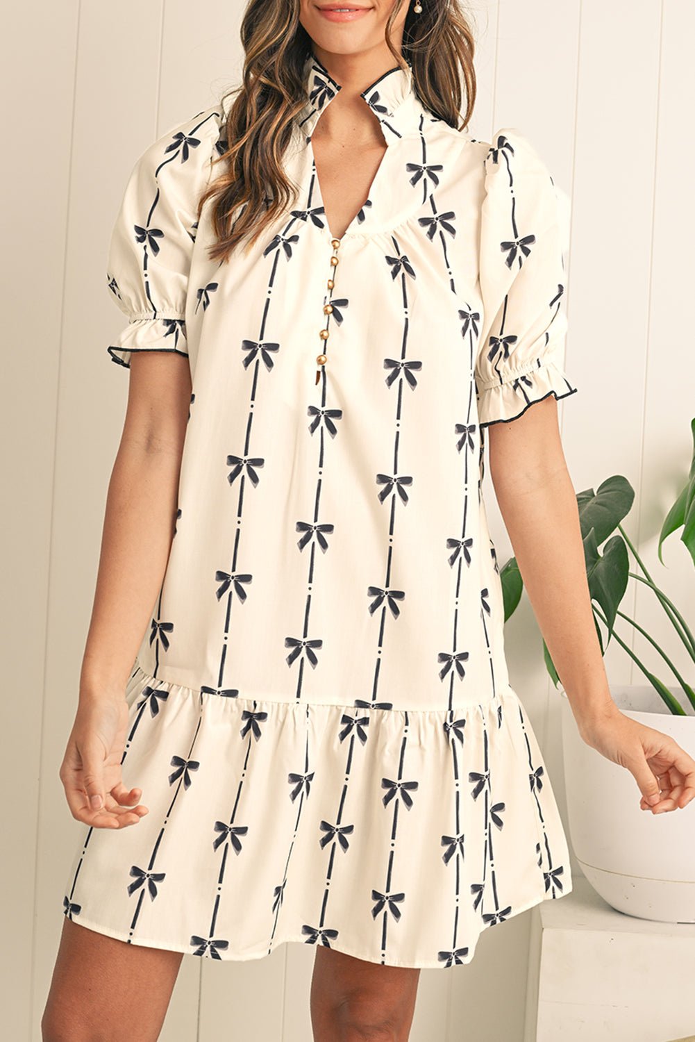 Beige Cute Bowknot Printed Bubble Sleeve V Neck Mini Dress - MAD RUFFI