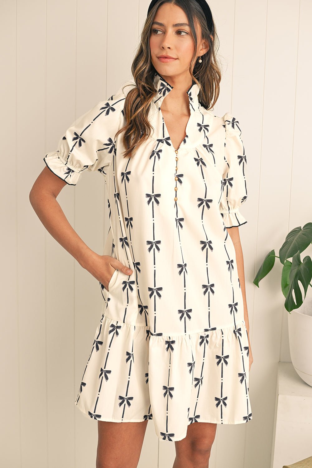 Beige Cute Bowknot Printed Bubble Sleeve V Neck Mini Dress - MAD RUFFI