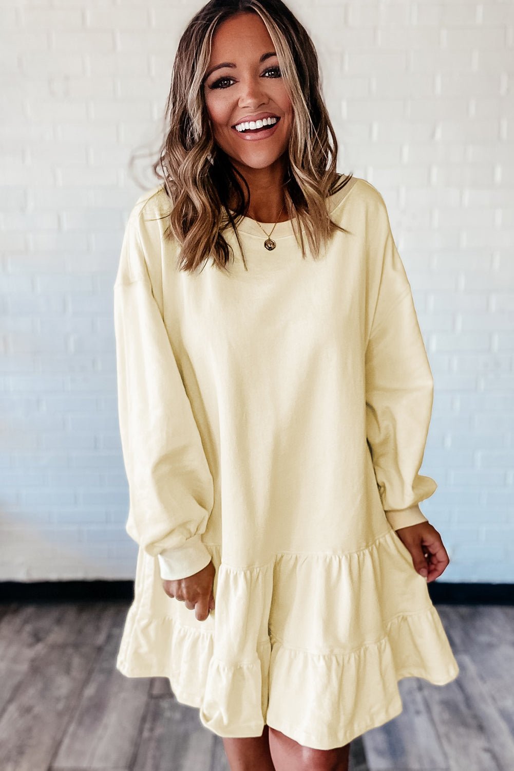 Beige Double Tiered Ruffle Hem Long Sleeve Loose Mini Dress - MAD RUFFI