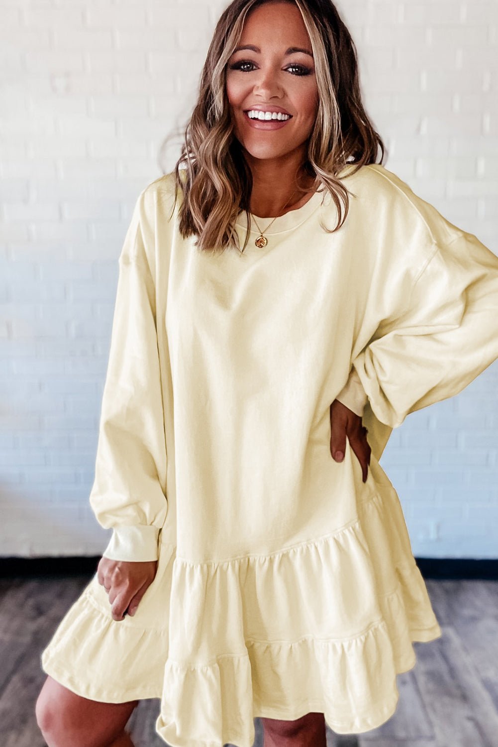 Beige Double Tiered Ruffle Hem Long Sleeve Loose Mini Dress - MAD RUFFI