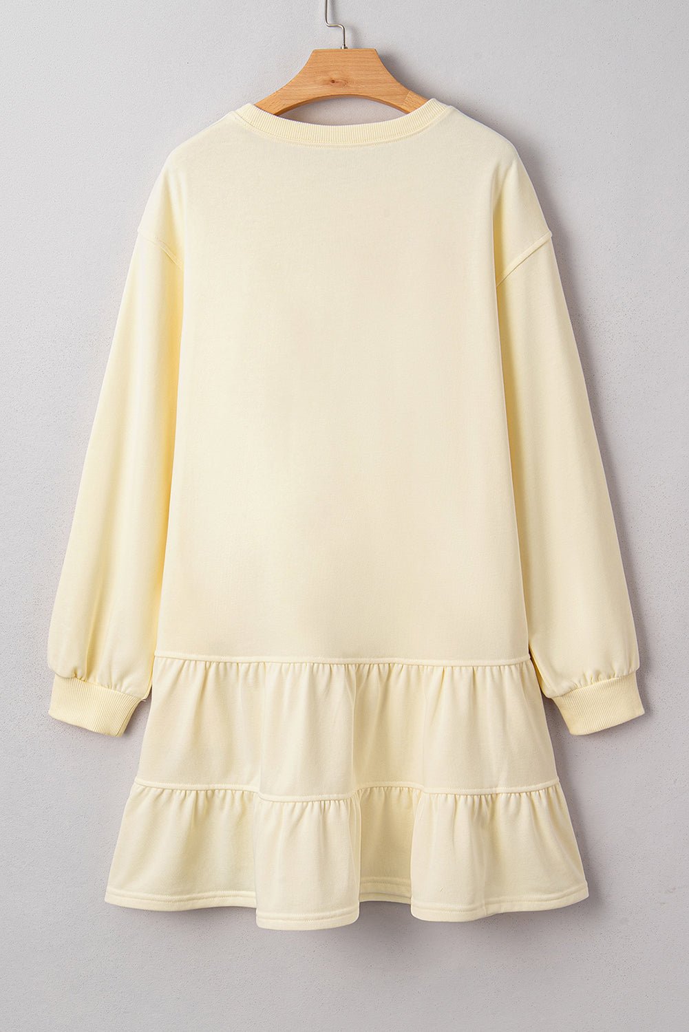 Beige Double Tiered Ruffle Hem Long Sleeve Loose Mini Dress - MAD RUFFI