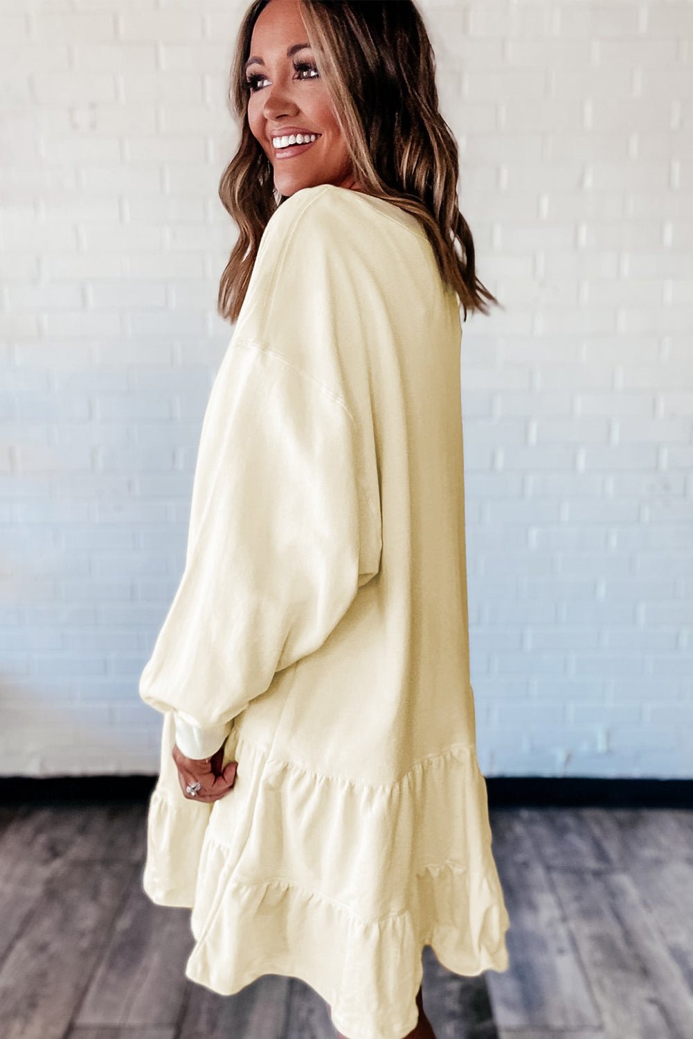 Beige Double Tiered Ruffle Hem Long Sleeve Loose Mini Dress - MAD RUFFI Beige Double Tiered Ruffle Hem Long Sleeve Loose Mini Dress - MAD RUFFI