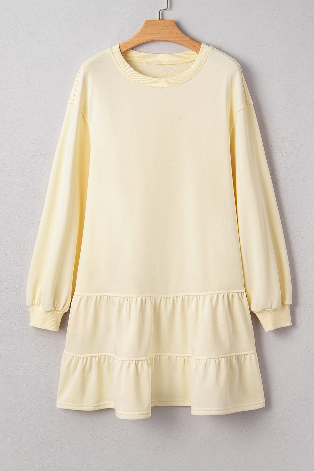 Beige Double Tiered Ruffle Hem Long Sleeve Loose Mini Dress - MAD RUFFI