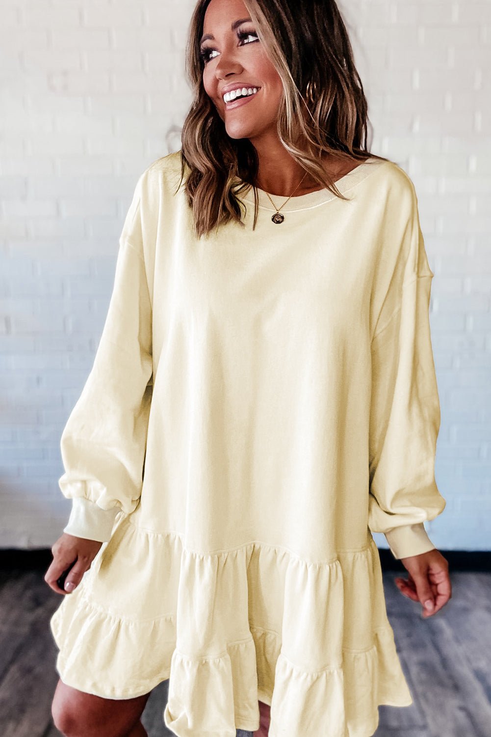 Beige Double Tiered Ruffle Hem Long Sleeve Loose Mini Dress - MAD RUFFI