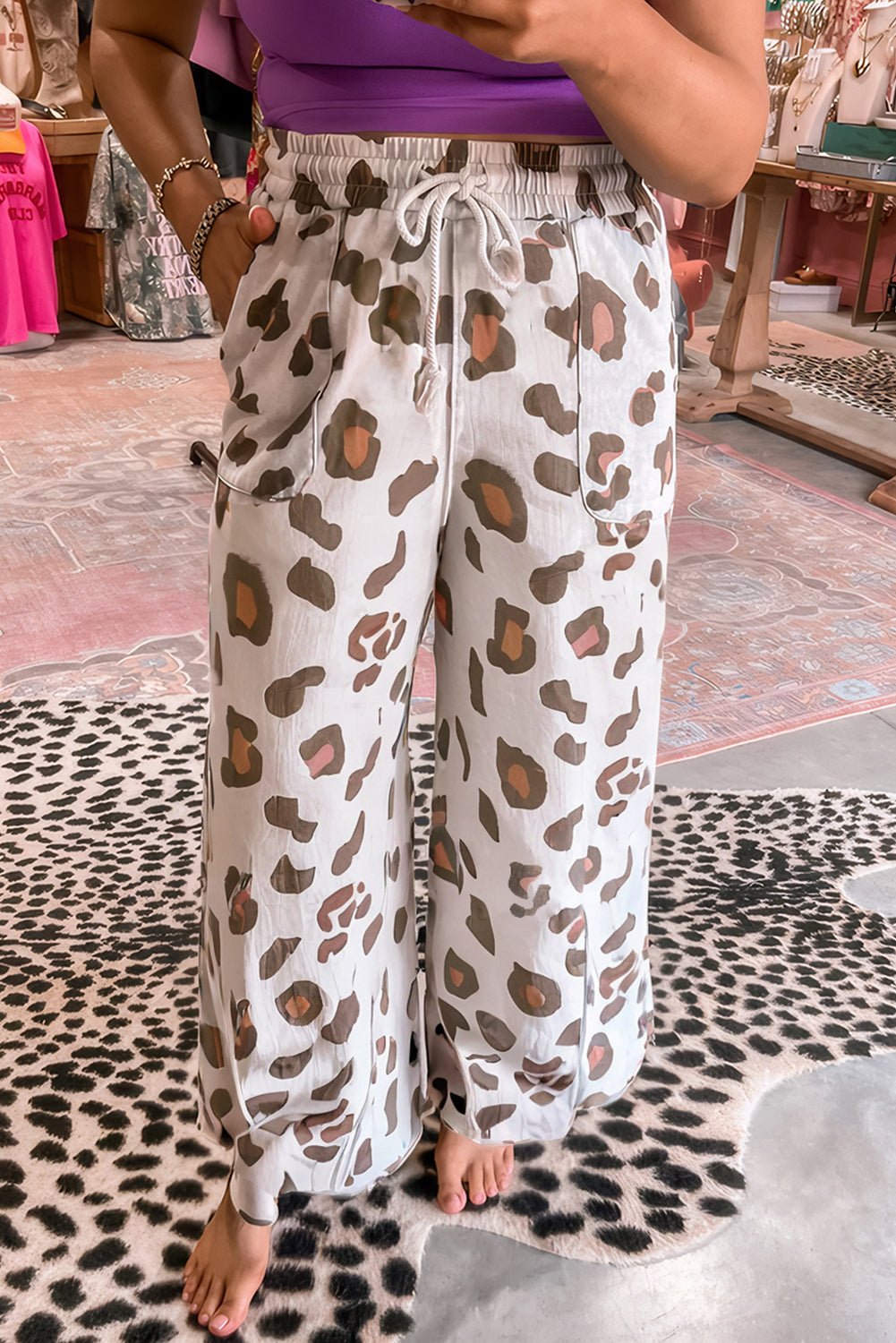 Beige Drawstring Leopard Print Patch Pocket Loose Pants - MAD RUFFI