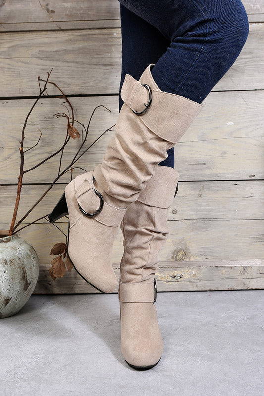 Beige Dual Buckle Strap Side Zip Heeled Mid Calf Boots - MAD RUFFI