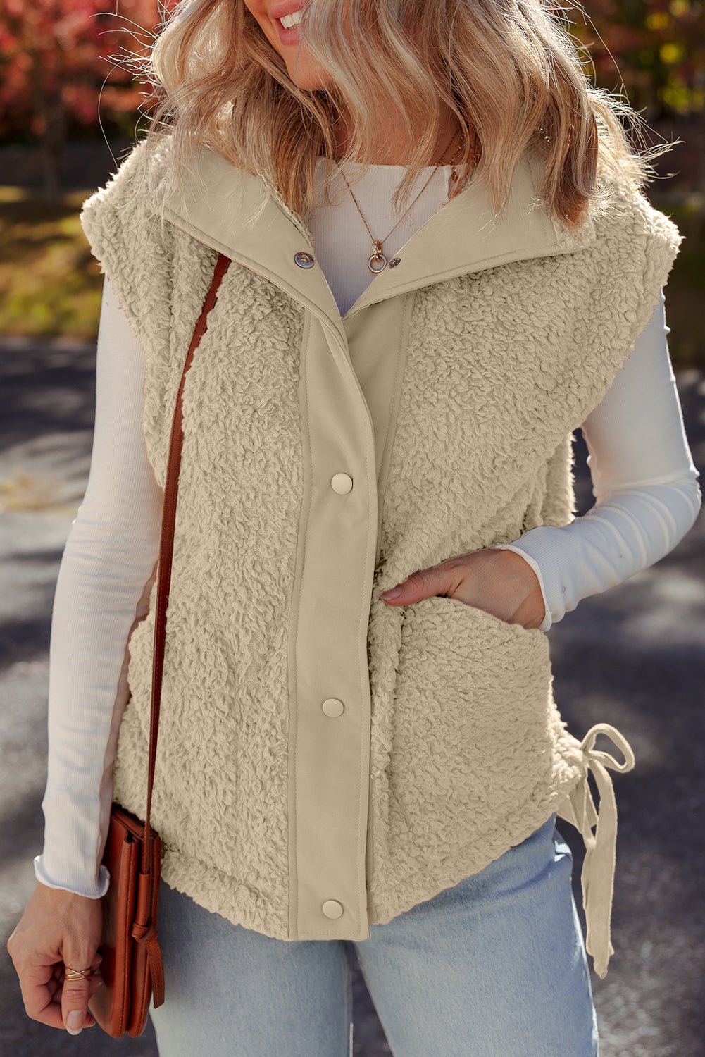 Beige Faux Fur Snap Button Front Knot Side Plush Vest - MAD RUFFI