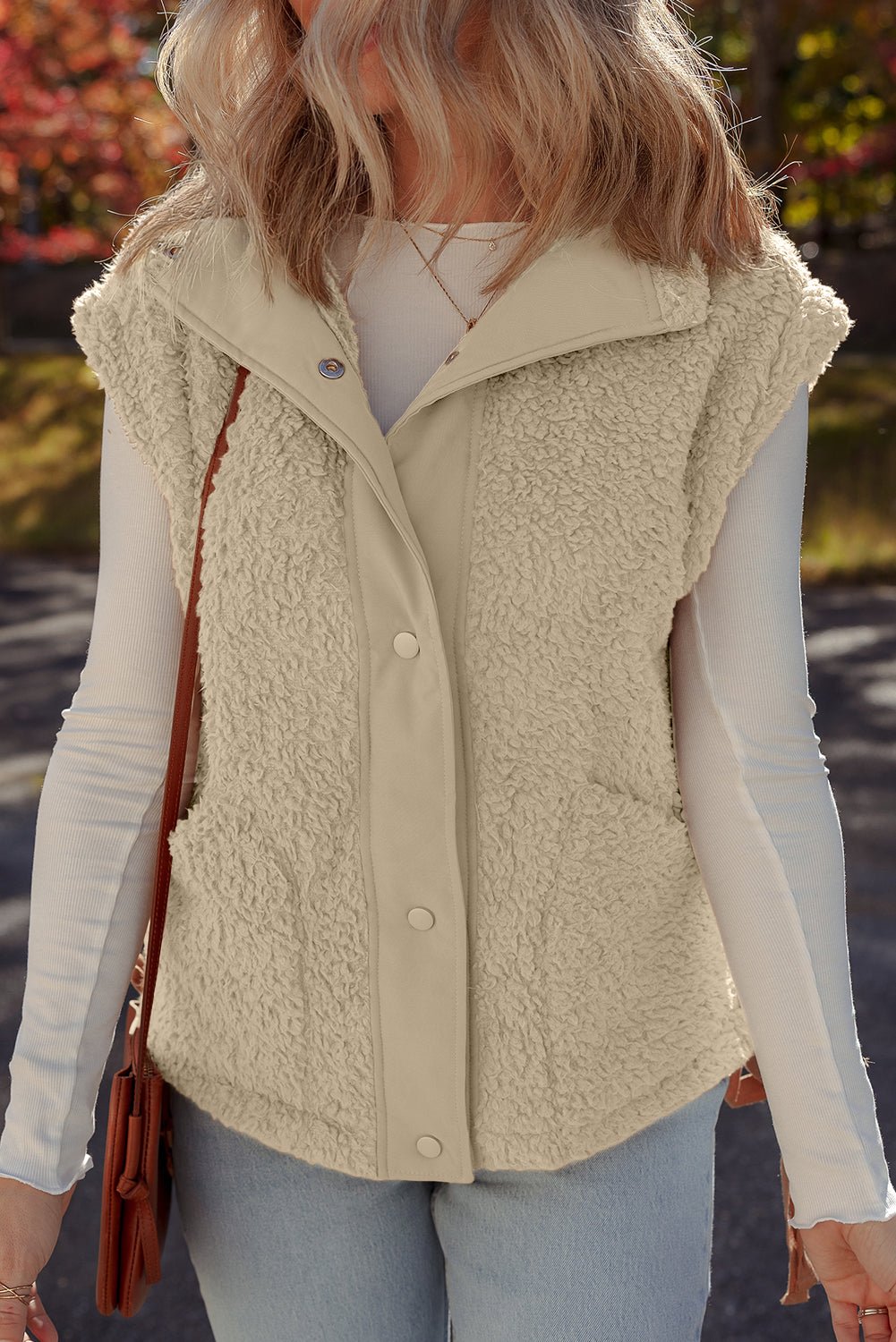 Beige Faux Fur Snap Button Front Knot Side Plush Vest - MAD RUFFI