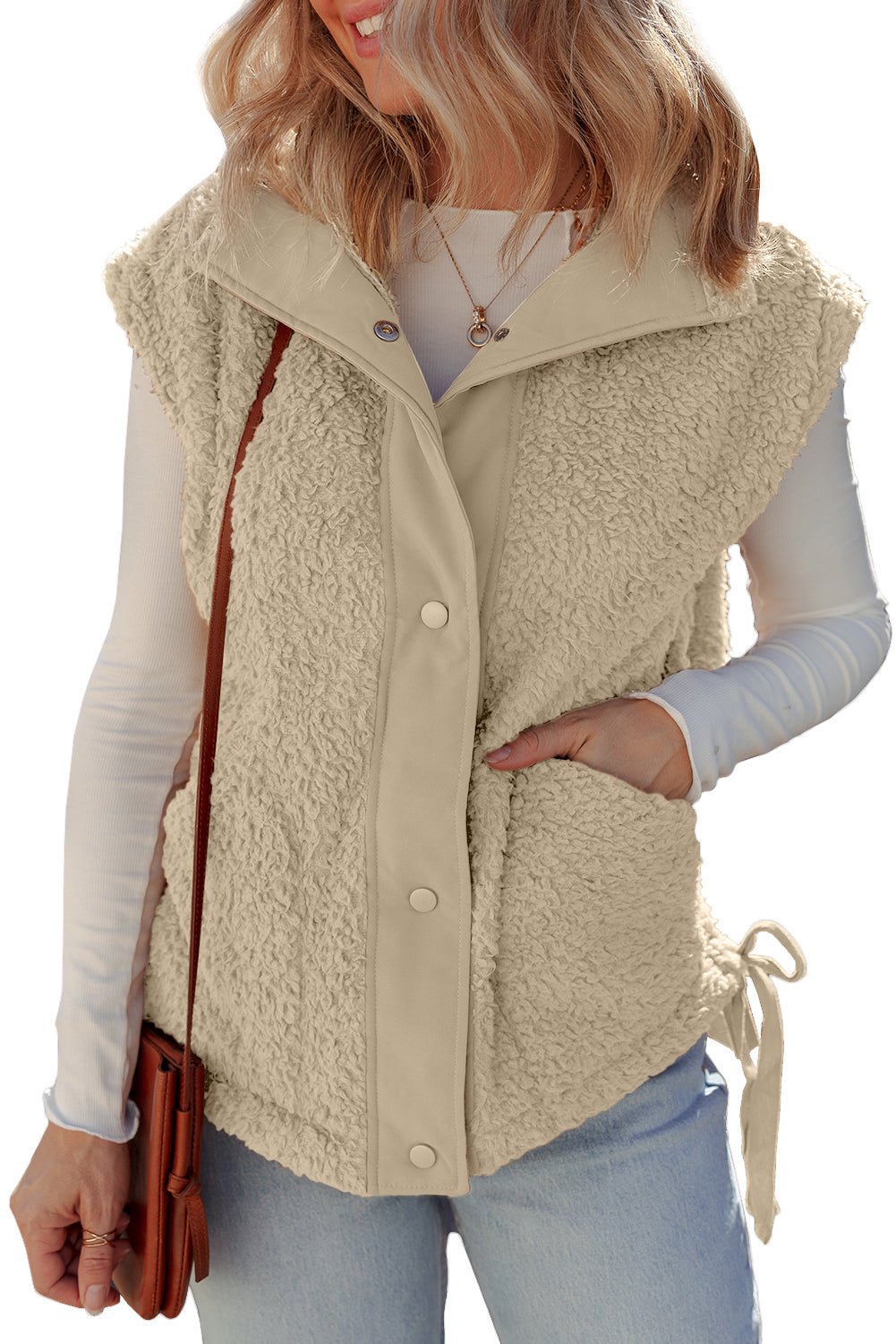Beige Faux Fur Snap Button Front Knot Side Plush Vest - MAD RUFFI