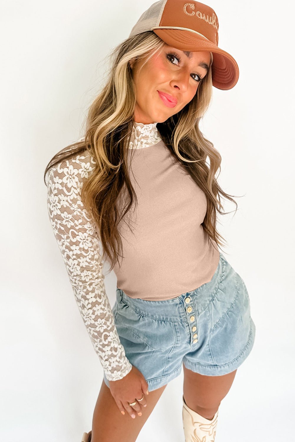 Beige Floral Lace Patchwork Long Sleeve High Neck Slim Top - MAD RUFFI