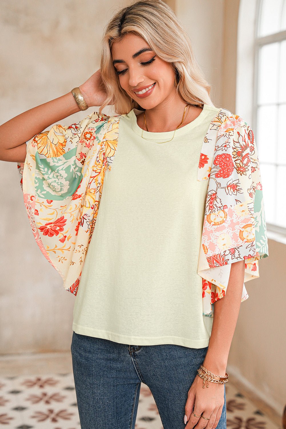 Beige Floral Patchwork Batwing Sleeve Blouse - MAD RUFFI