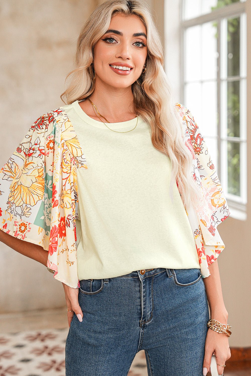 Beige Floral Patchwork Batwing Sleeve Blouse - MAD RUFFI