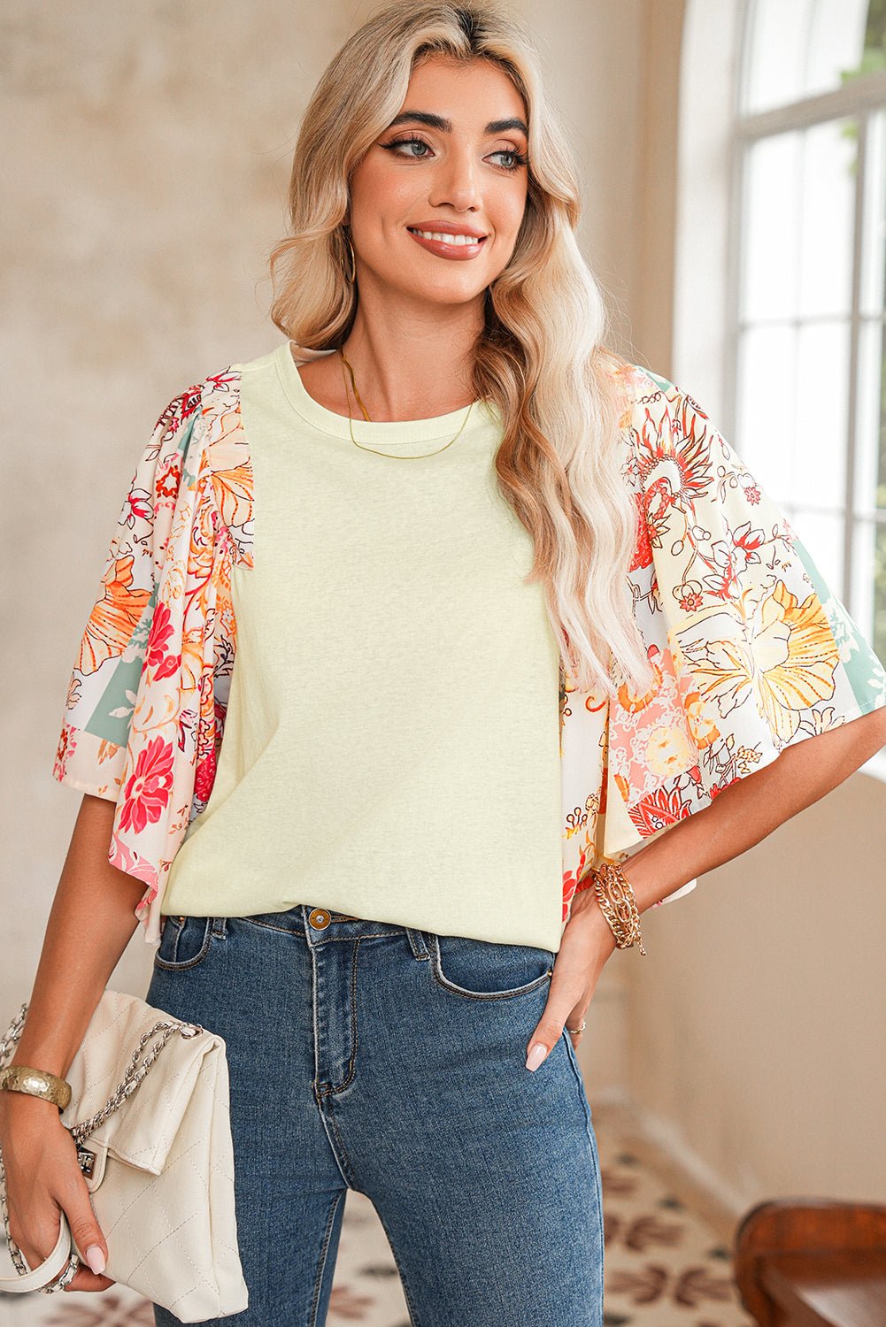Beige Floral Patchwork Batwing Sleeve Blouse - MAD RUFFI