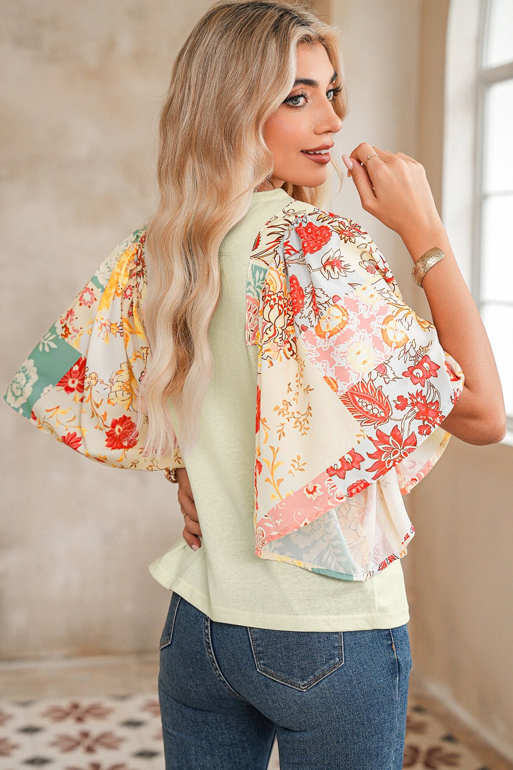 Beige Floral Patchwork Batwing Sleeve Blouse - MAD RUFFI