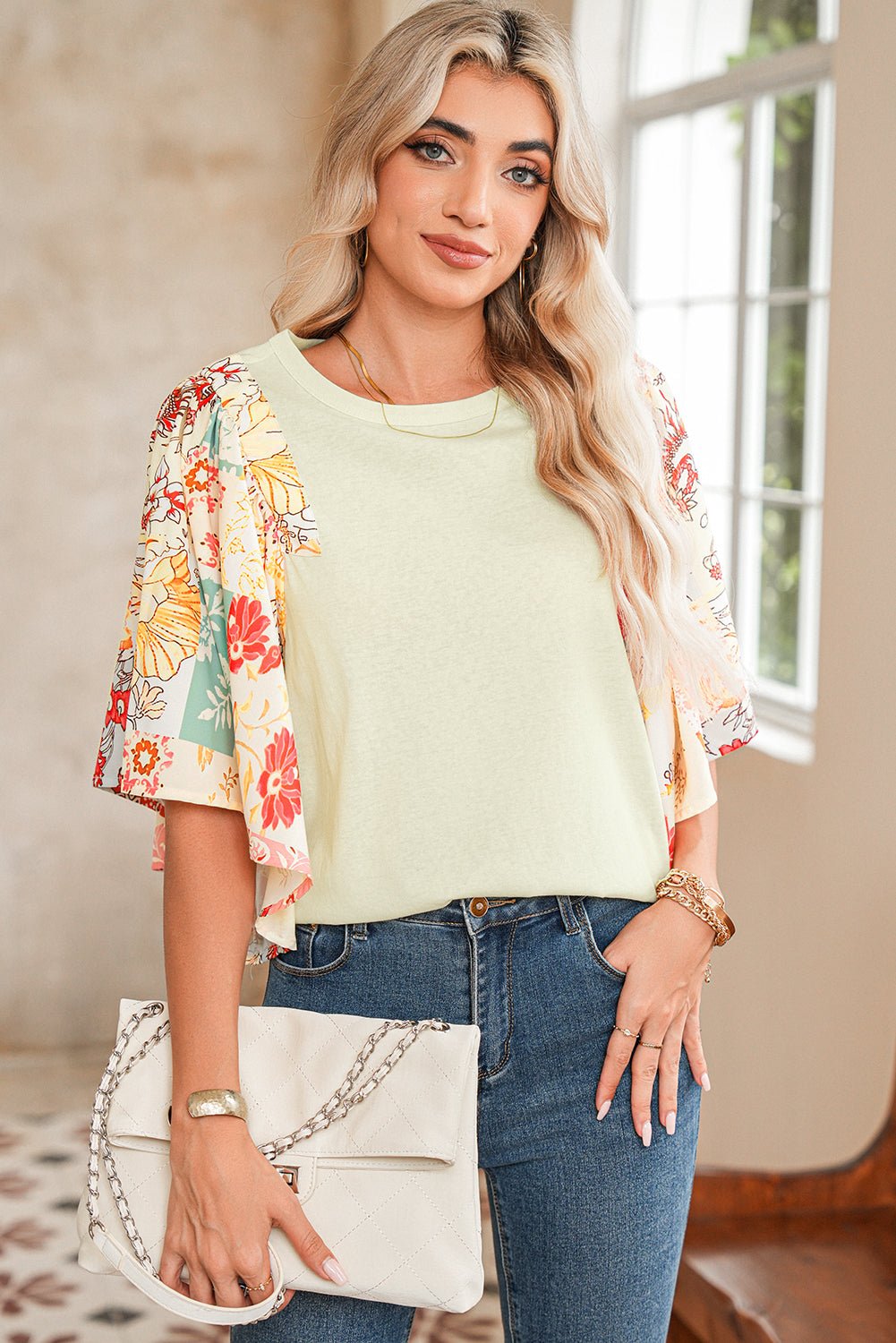 Beige Floral Patchwork Batwing Sleeve Blouse - MAD RUFFI