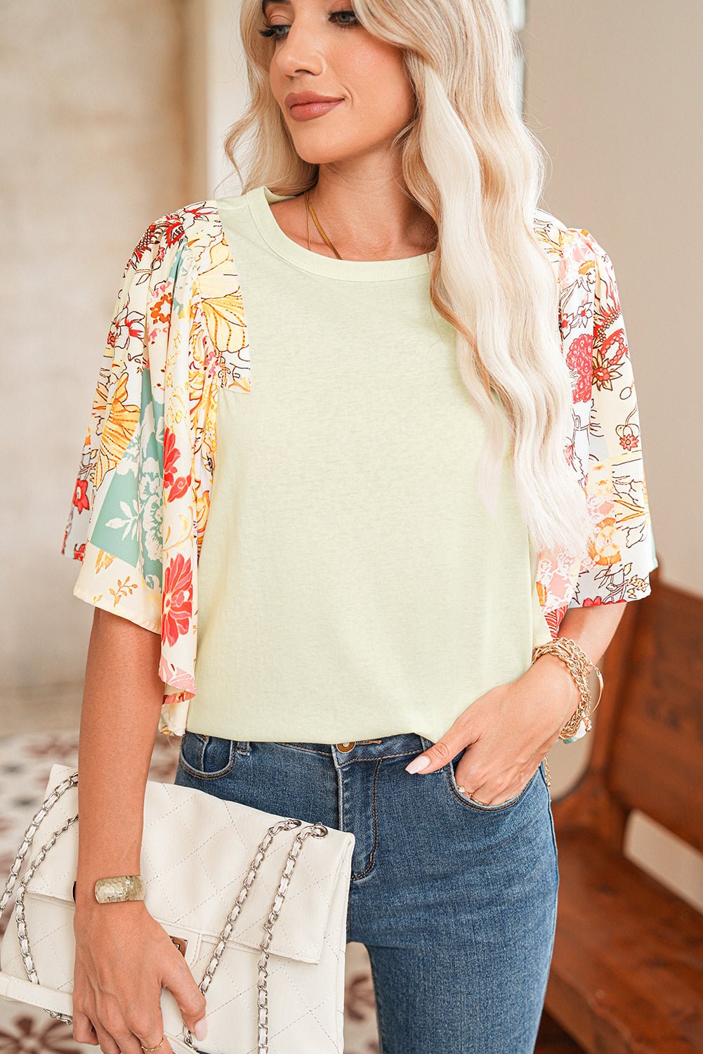 Beige Floral Patchwork Batwing Sleeve Blouse - MAD RUFFI