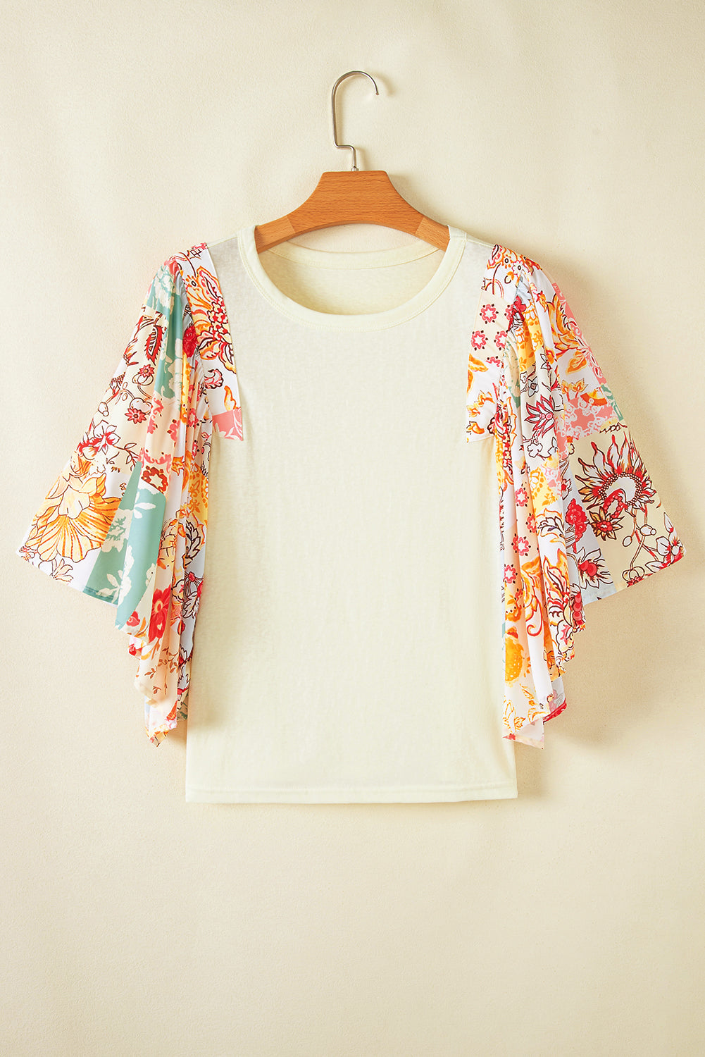 Beige Floral Patchwork Batwing Sleeve Blouse - MAD RUFFI